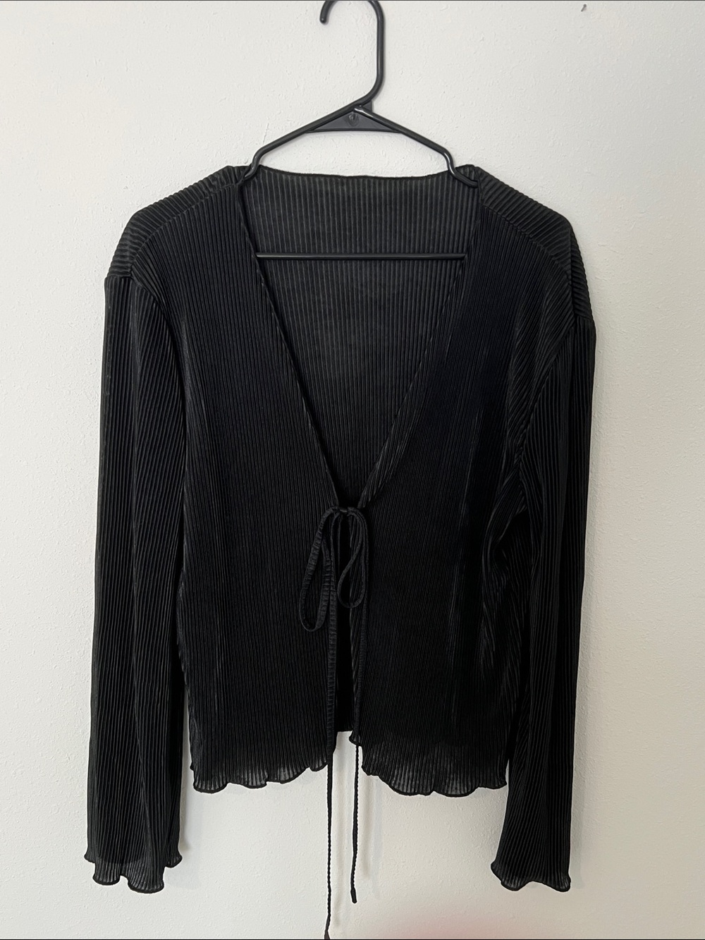 Women's Black Ribbed Tie-Front Sweater Cardigan